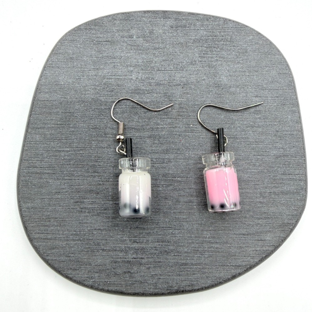 Pink White Boba Tea Drink Dangle Earrings Bubble Tea Kawaii Foodie Novelty Gift